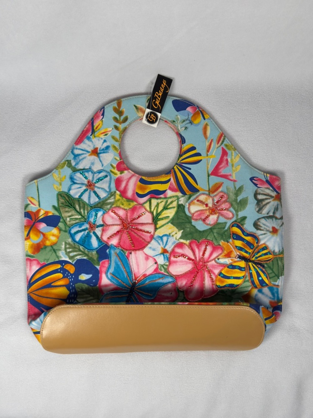 Floral Cutout Wristlet Clutch in Multicolor with Tan Accent